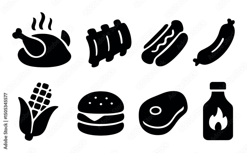 Barbecue icons: chicken, ribs, hotdog, corn, burger, steak, sauce