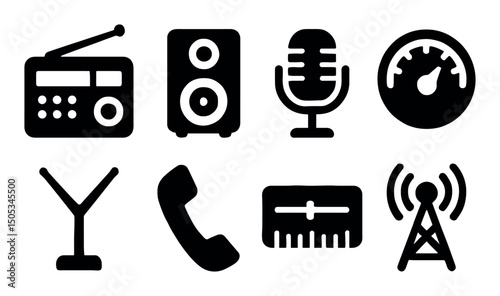 Set of communication and audio icons: radio, microphone, antenna