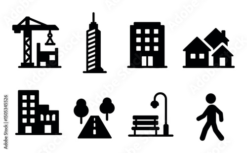 Urban construction and living icon set with buildings and symbols
