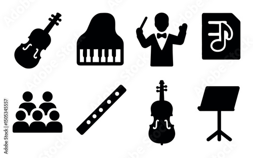 Musical instrument icons featuring piano, violin, conductor, notes