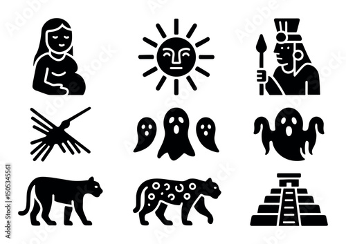Black icons of people, animals, and symbols in various styles