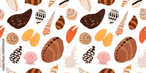 Seamless pattern with sea shells, mollusks, starfish. Tropical beach shells. Summer seamless pattern. Vector illustration in flat modern style
