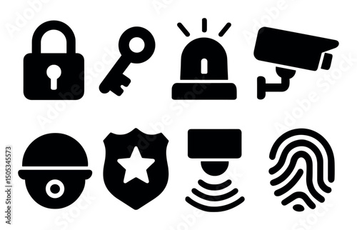 Security icons set with lock, key, camera, alarm, and fingerprint