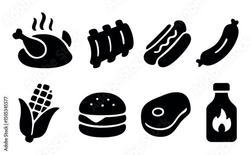 Barbecue icons: chicken, ribs, hotdog, corn, burger, steak, sauce