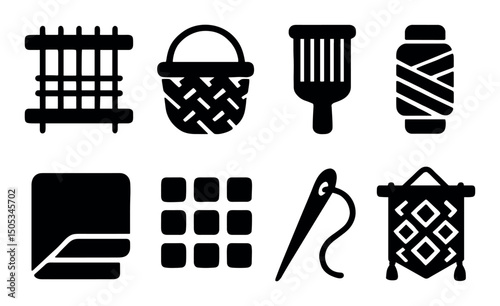 Collection of eight craft and weaving tool icons in black silhouette