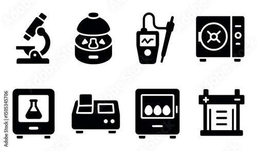 Laboratory equipment icons: microscope, incubator, analyzer, oven