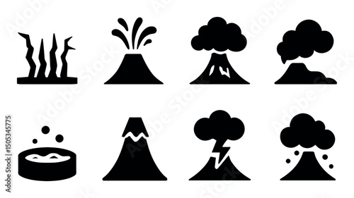 Set of eight black volcano and earthquake icons in various styles