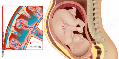 Fetal Position and Placental Blood Circulation in Pregnancy. Pregnant Woman Uterus Cross-Section with Placenta and Fetus. Medical Illustration of Fetus in Womb with Placental Flow Diagram