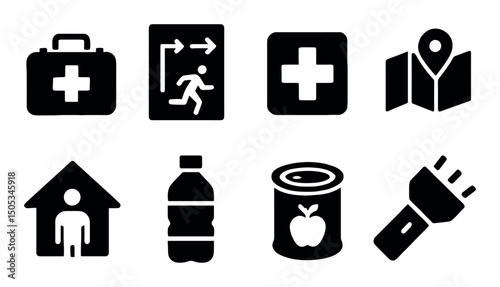 Essential emergency icons: kit, directions, shelter, supplies