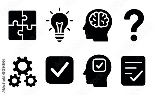 Creative problem solving icons: brain, lightbulb, puzzle, gears