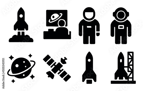 Rocket icons and space exploration symbols in black silhouettes