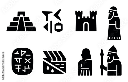 Ancient symbols and figures: pyramids, castle, sumerian, warrior