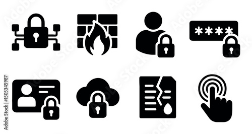 Cybersecurity icons: locks, firewalls, cloud, fingerprints