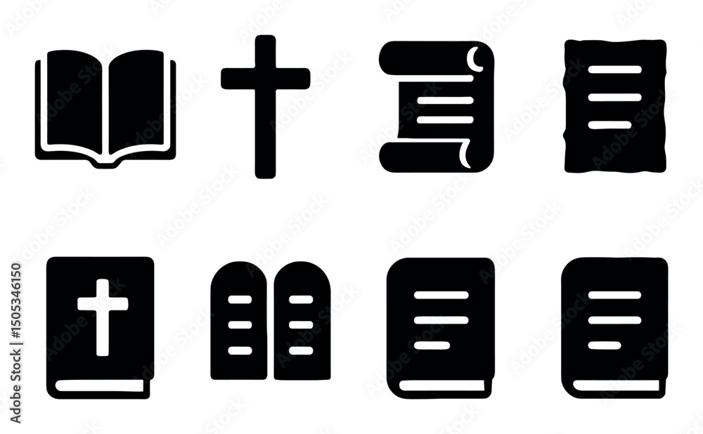Obraz premium Religious symbols: cross, bible, scroll, tablets, books