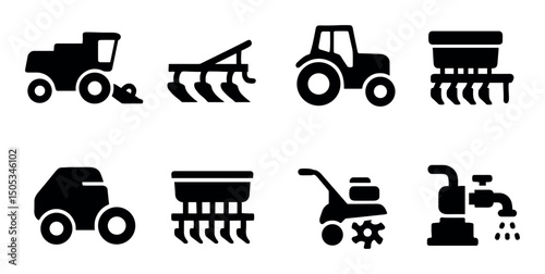 Set of eight black farm equipment icons on white background