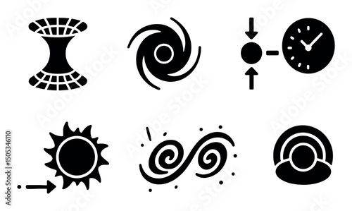 Six black hole-themed icons on white background