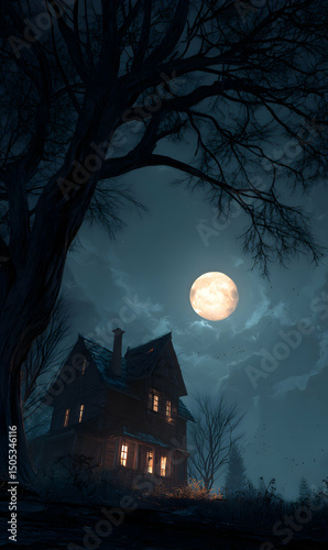 Moonlit manor a silhouette against the night sky evokes mystery and an uncanny aura of seclusion beckons