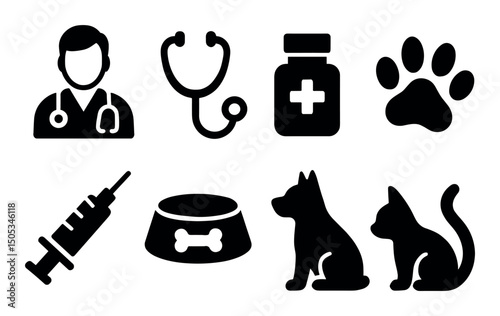 Veterinary symbols: doctor, stethoscope, medicine, animals, tools