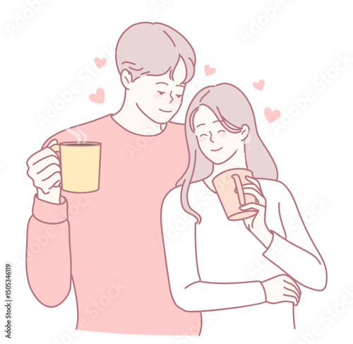 A loving couple enjoys sharing a cozy moment together with coffee, surrounded by charming hearts and joy