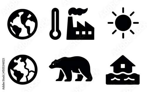 Climate change symbols - earth, factory, sun, polar bear, flood
