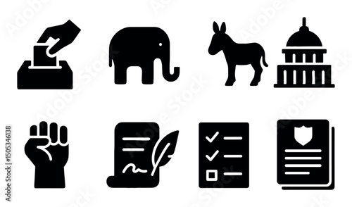 Political icons: voting, parties, documents, and civic symbols