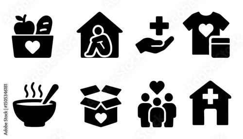 Charitable icons: food, shelter, health, community support symbols