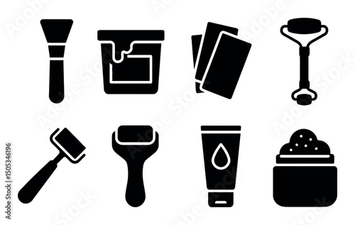 Skincare tools and products silhouettes collection in black