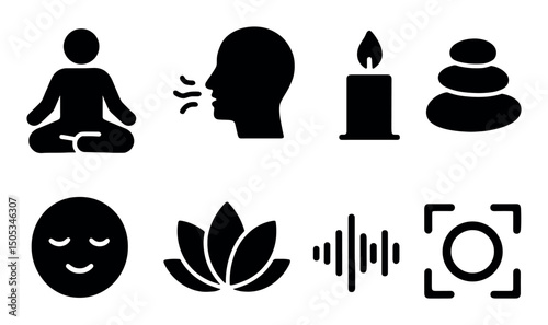 Meditation icons featuring candle, lotus, stones, relaxed face
