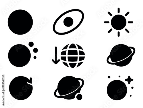 Black space icons: sun, planets, orbit, globe, astronomy symbols