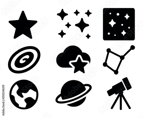 Space icons set: stars, planets, telescope, constellation