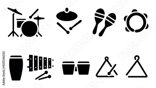 Silhouette icons of various percussion instruments collection