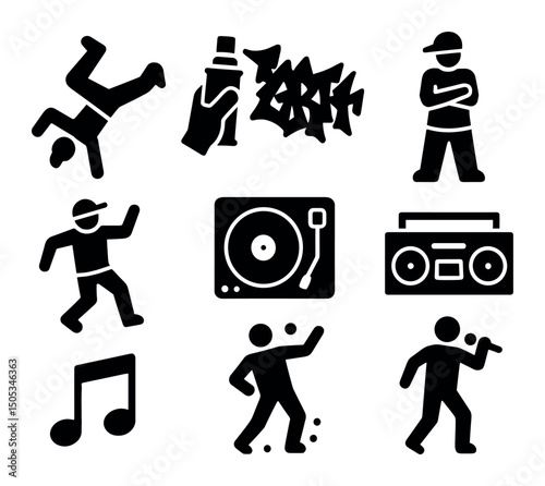 Hip hop culture icons: dance, graffiti, music, dj, rap symbols