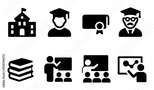 Educational icons: school, graduation, books, teacher, classroom