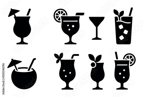 Set of six black silhouette cocktail icons with garnishes