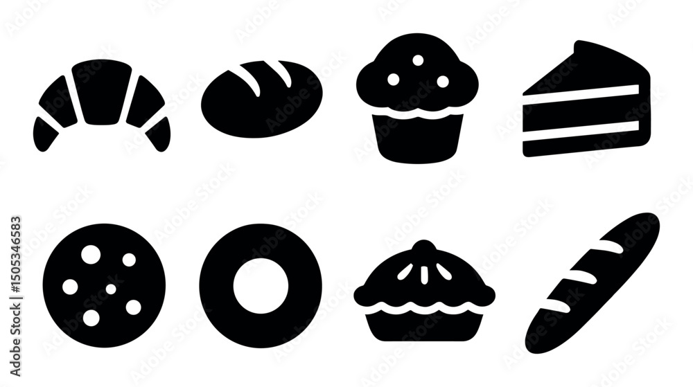 Assorted bakery icons: bread, pastry, cake, cookie, baguette