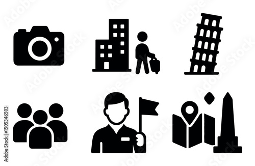Travel icons: camera, tourist, landmark, guide, map, monuments