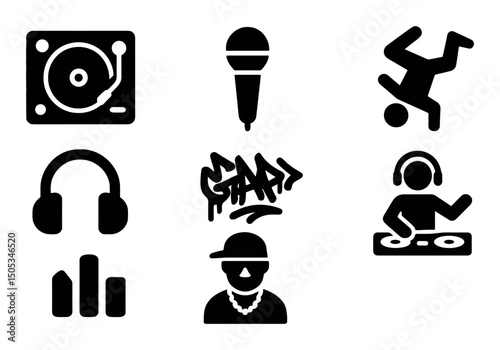 Hip hop elements: dj, microphone, breakdancer, graffiti, headphones