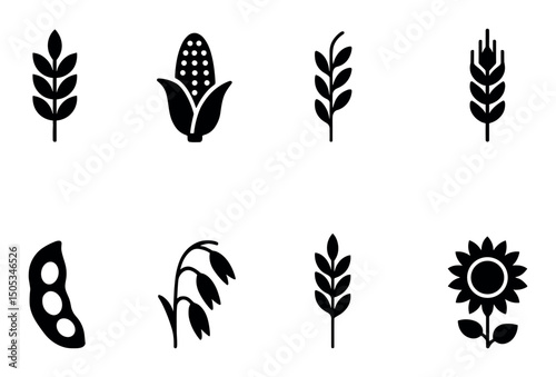 Silhouette icons of various crop plants including corn and wheat