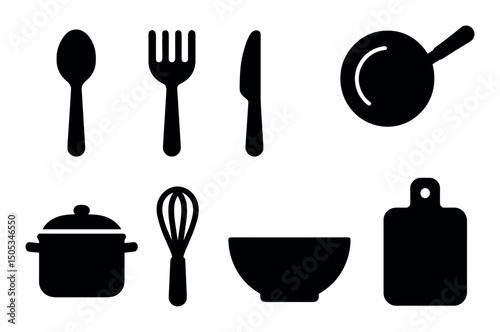 Silhouette kitchen utensils: spoon, fork, knife, pan, pot, whisk