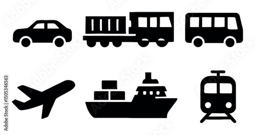 Transportation icons - car, train, bus, plane, ship, tram