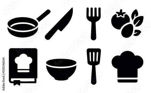 Kitchen icon set: cooking utensils, ingredients, chef symbols