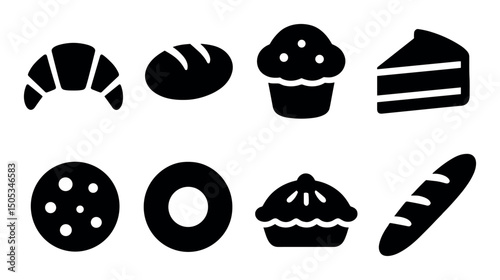 Assorted bakery icons: bread, pastry, cake, cookie, baguette