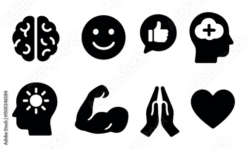 Mind and emotion icons: brain, smiley, thumbs up, muscles