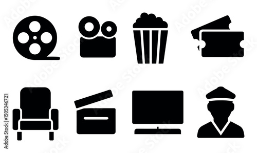 Cinema icons: film reel, popcorn, tickets, chair, tv, clapperboard