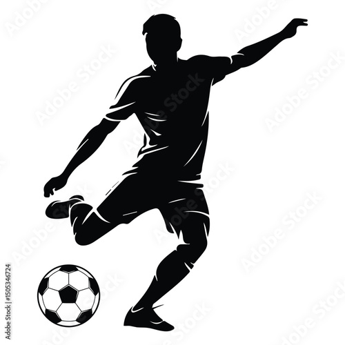 Black vector silhouette of a soccer player kicking ball vector on white background