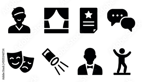Theater icons: masks, stage, spotlight, script, performer silhouettes