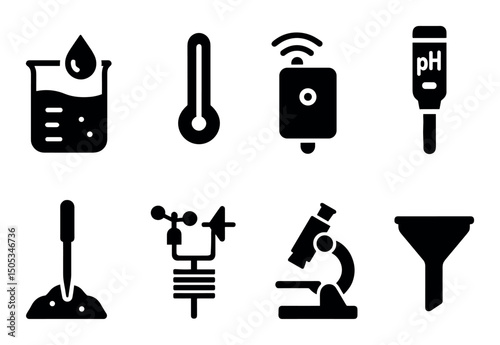 Science lab equipment icons - beaker, thermometer, microscope