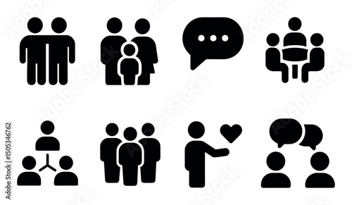 Black silhouette icons of communication, people, and relationships