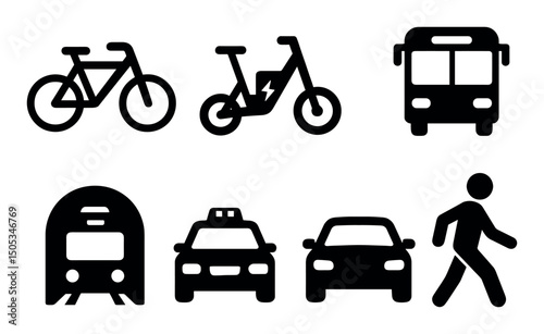 Icons of various transportation modes: bike, bus, train, car, walk