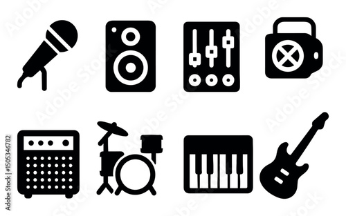 Black music equipment icons set with microphone and instruments